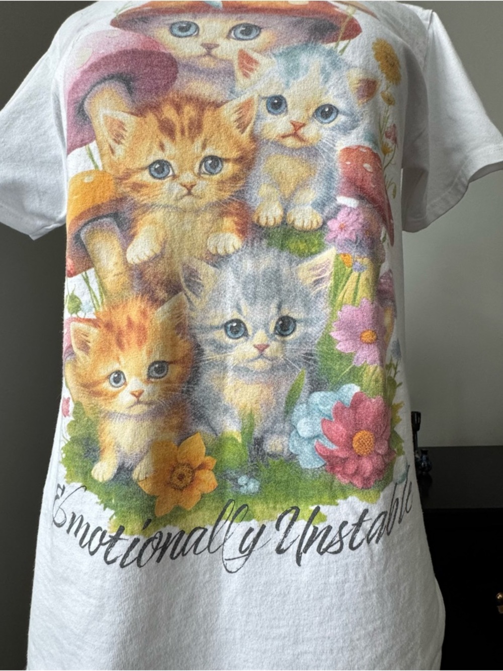 White Cat Graphic Tee with Colorful Kitten Artwork